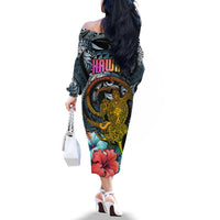 Hawaii Turtle Off The Shoulder Long Sleeve Dress Hawaii Pattern and Turtle Tattoo Dark Cyan Gradient TS04 - Polynesian Pride