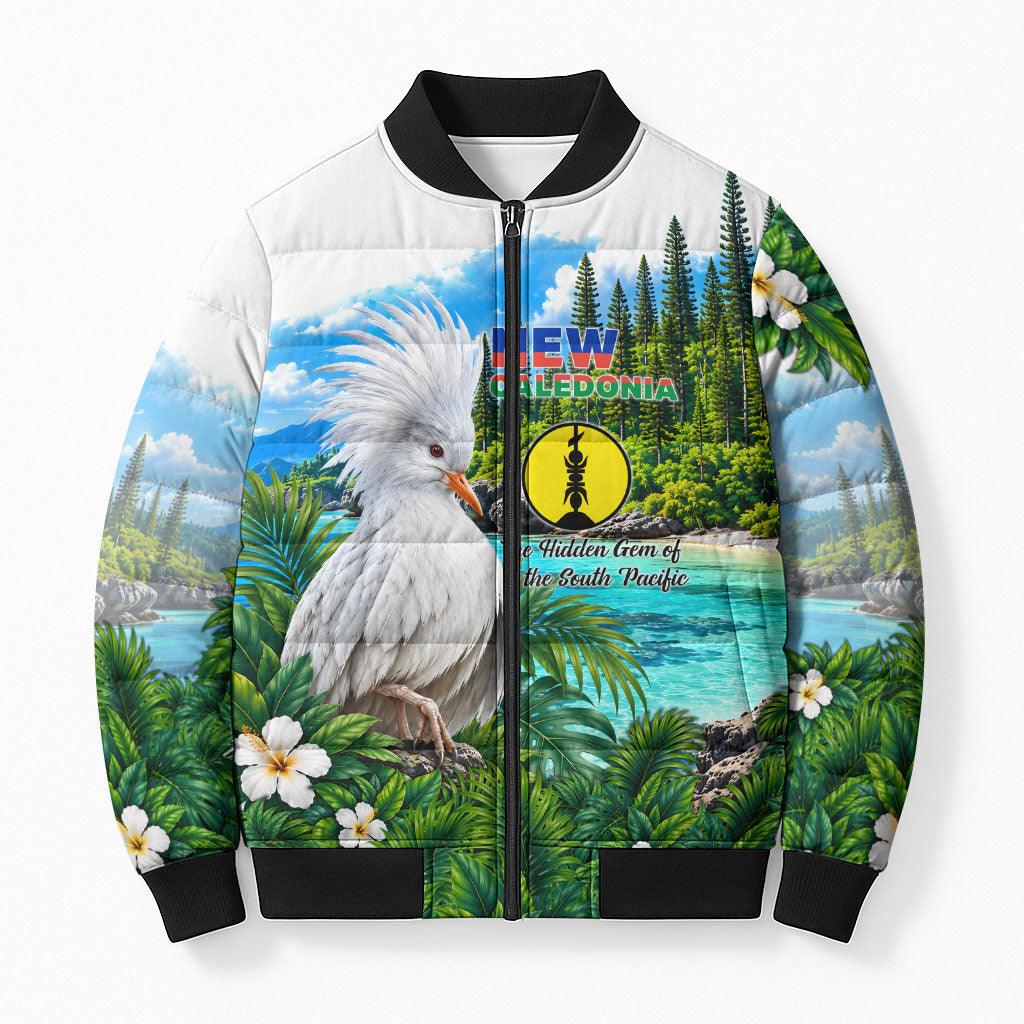New Caledonia Kagu Bird Nature Bomber Puffer Jacket South Pacific Hidden Gem Tropical Landscape TS04 Unisex Green White - Polynesian Pride