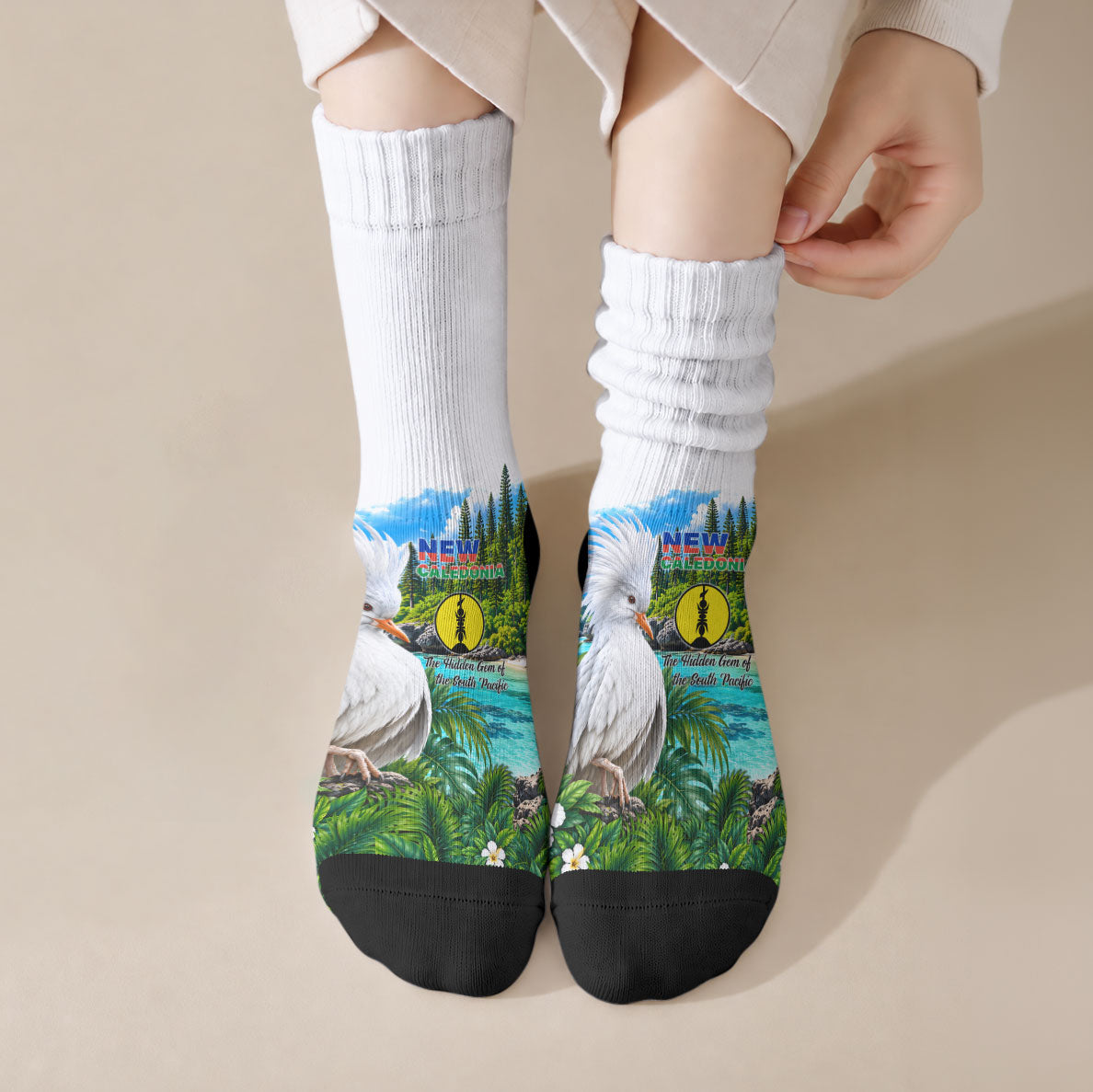 New Caledonia Kagu Bird Nature Crew Socks South Pacific Hidden Gem Tropical Landscape TS04 Crew Socks Green White - Polynesian Pride