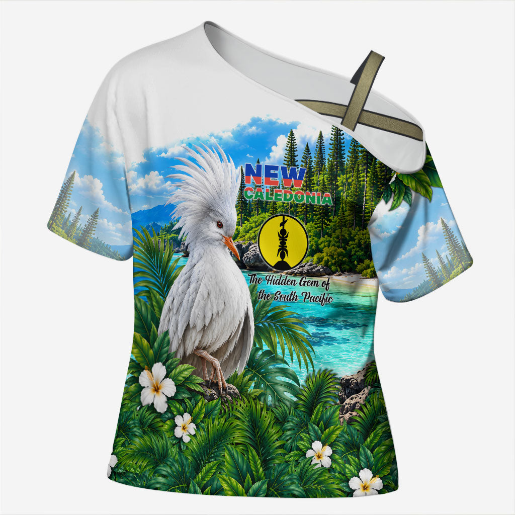 New Caledonia Kagu Bird Nature Cross Shoulder Shirt South Pacific Hidden Gem Tropical Landscape TS04 Female Green White - Polynesian Pride