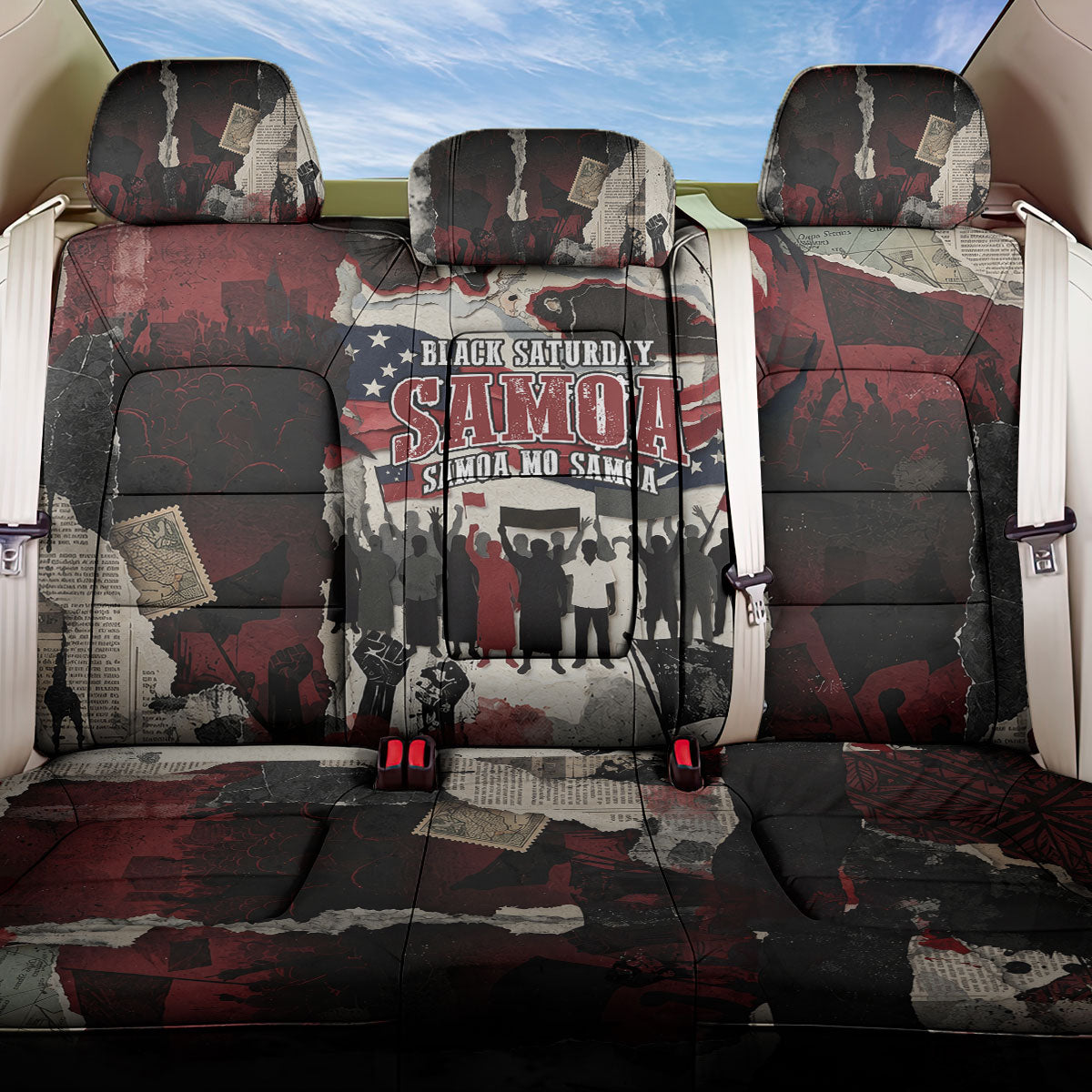 Samoa Black Saturday 1929 Back Car Seat Cover Mau Movement Vintage Newspaper Grunge Polynesian TS04 One Size Black Red - Polynesian Pride