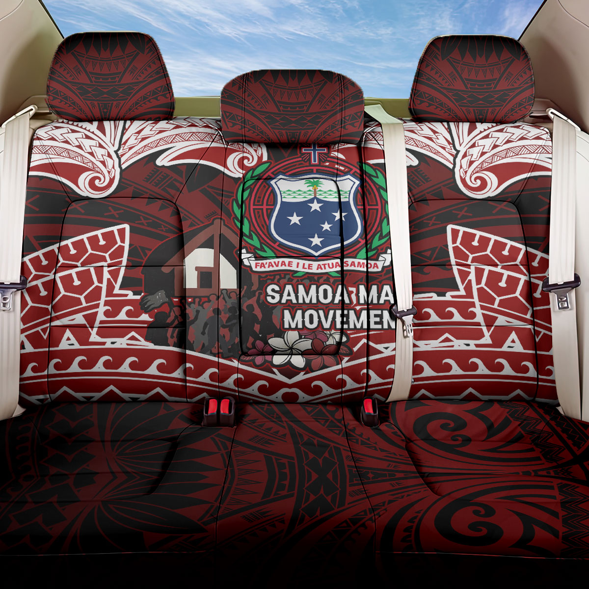 Samoa Black Saturday Mau Movement Back Car Seat Cover Polynesian Tribal Pattern Coat Of Arms Graphic Art TS04 One Size Red White - Polynesian Pride