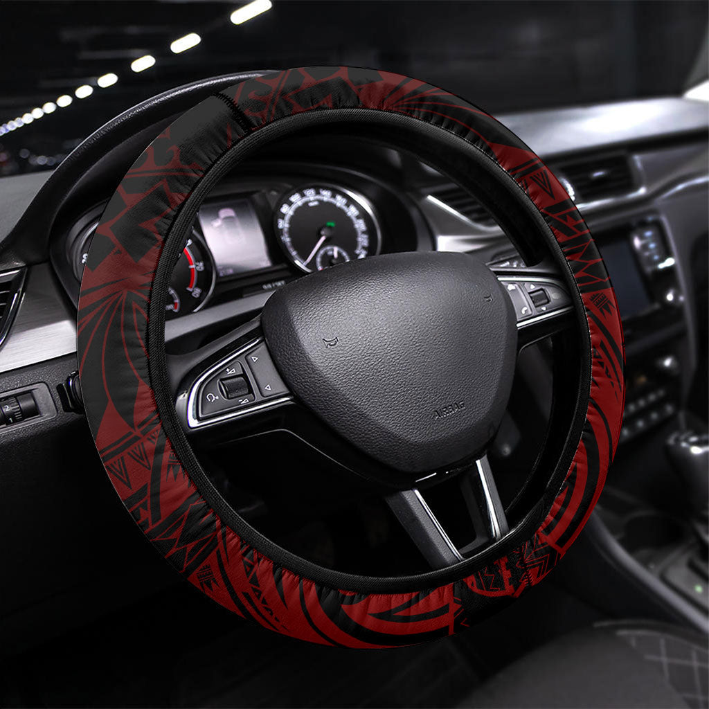 Samoa Black Saturday Mau Movement Steering Wheel Cover Polynesian Tribal Pattern Coat Of Arms Graphic Art TS04 Universal Fit Red White - Polynesian Pride