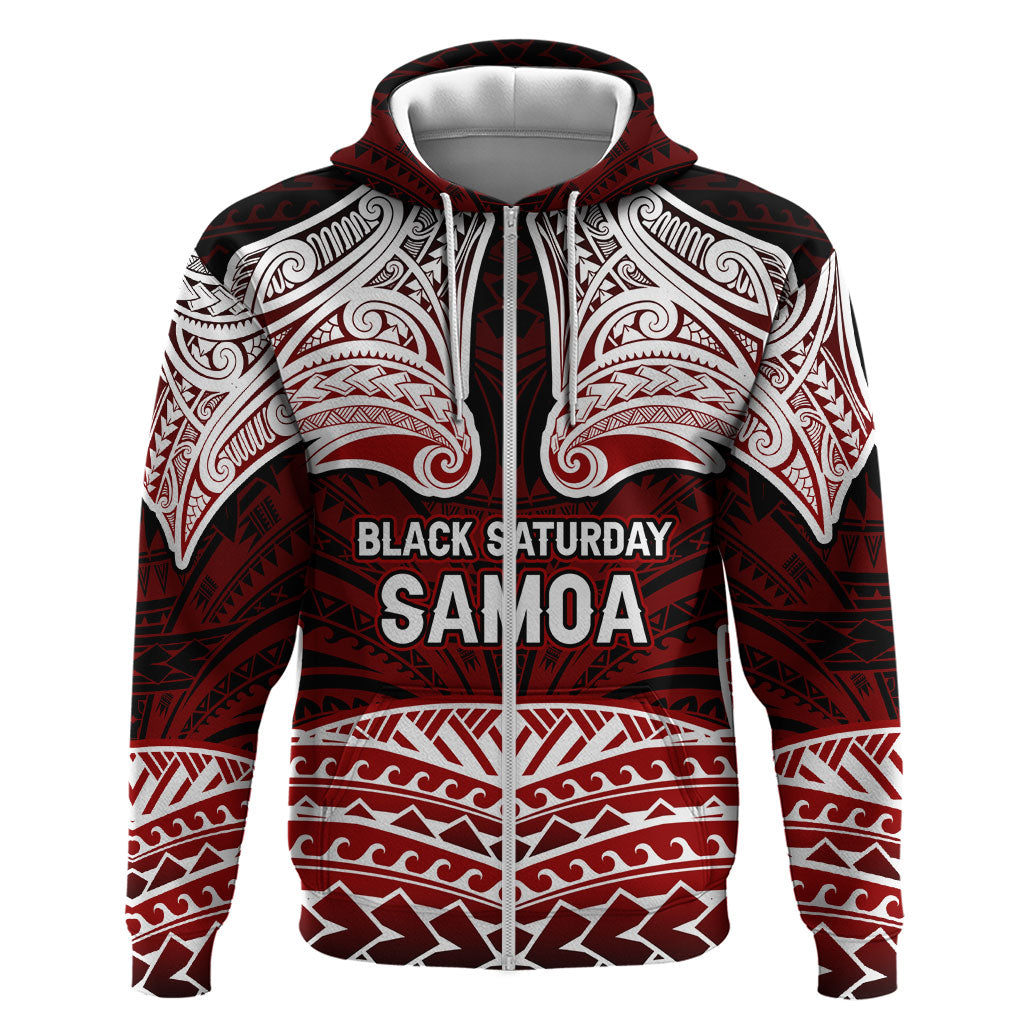 Samoa Black Saturday Mau Movement Zip Hoodie Polynesian Tribal Pattern Coat Of Arms Graphic Art