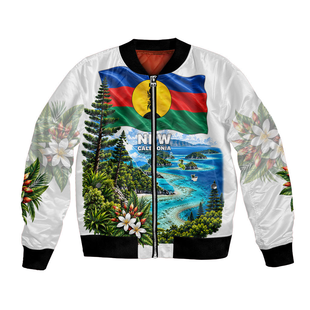 New Caledonia Kanak Flag Landscape Bomber Jacket Tropical Island Nature Floral TS04 Unisex White Green - Polynesian Pride