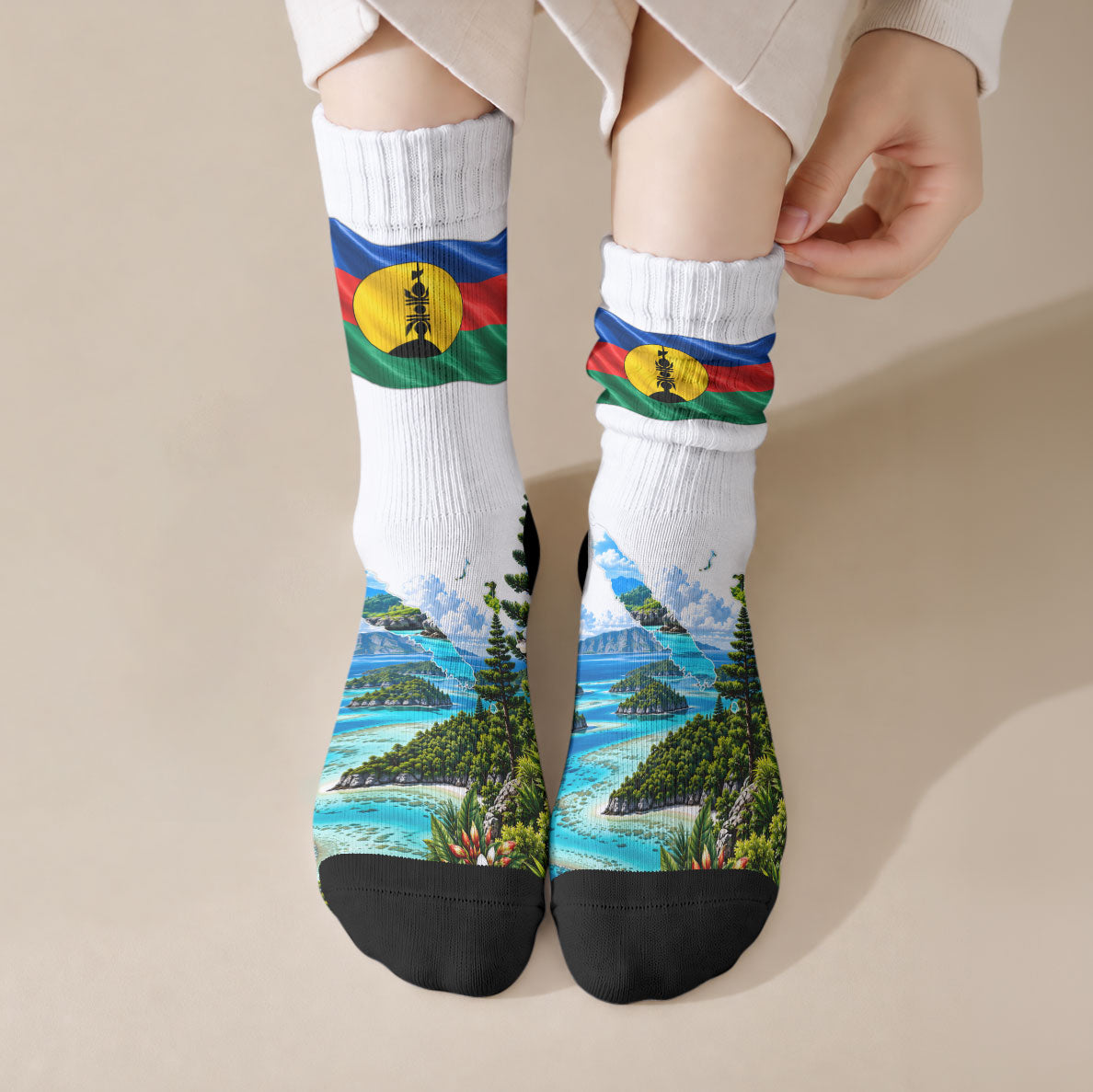 New Caledonia Kanak Flag Landscape Crew Socks Tropical Island Nature Floral TS04 Crew Socks White Green - Polynesian Pride