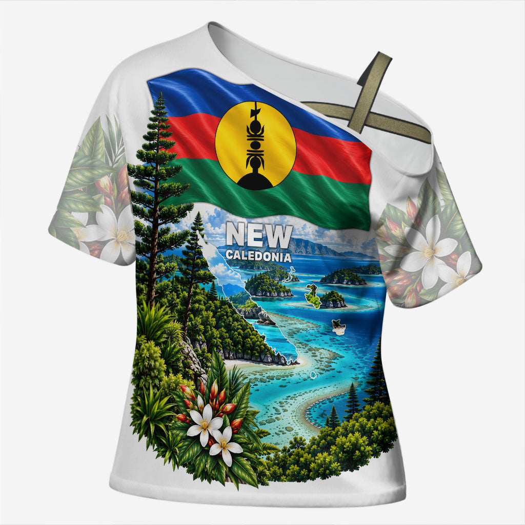 New Caledonia Kanak Flag Landscape Cross Shoulder Shirt Tropical Island Nature Floral TS04 Female White Green - Polynesian Pride