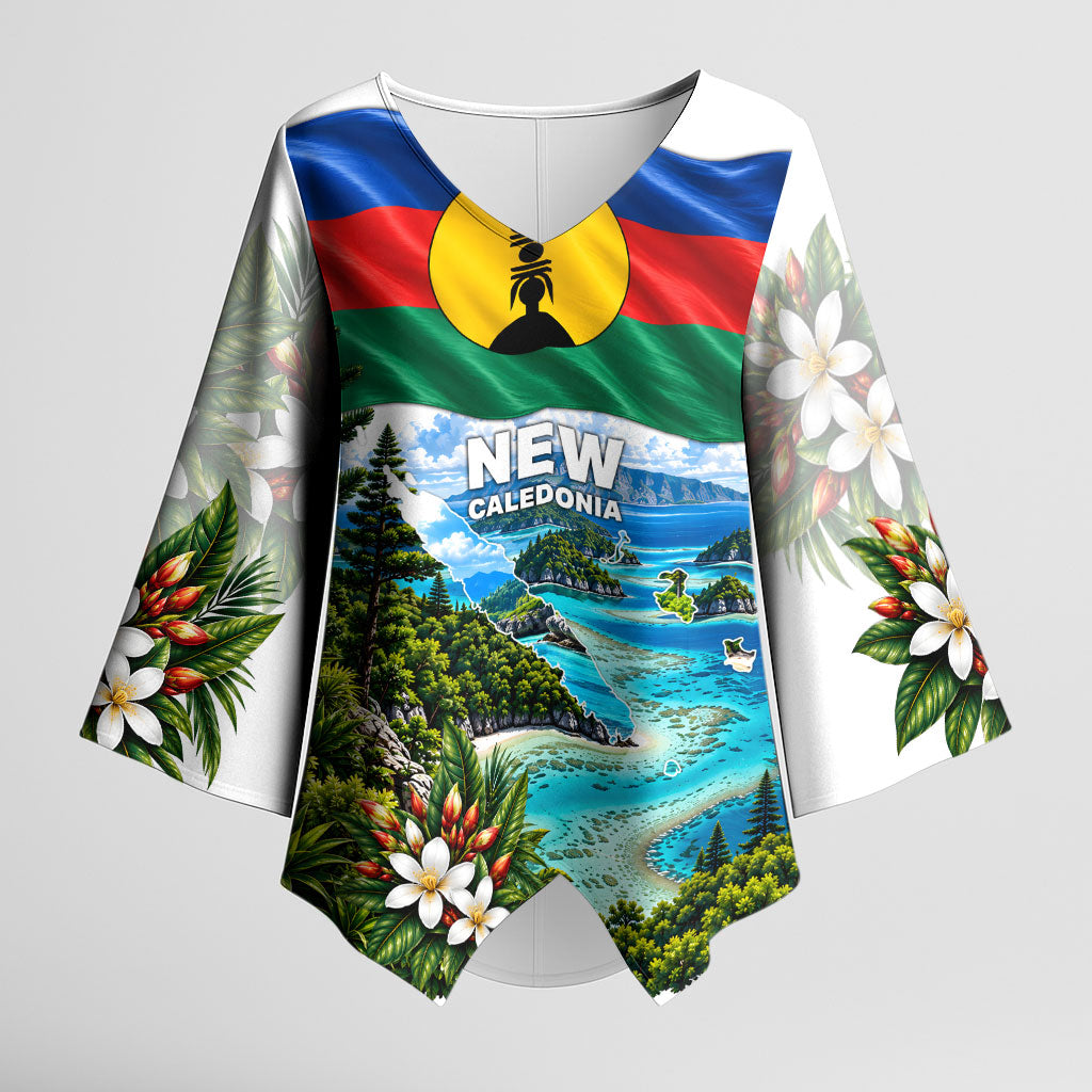 New Caledonia Kanak Flag Landscape Kimono Sleeve Blouse Tropical Island Nature Floral TS04 Female White Green - Polynesian Pride