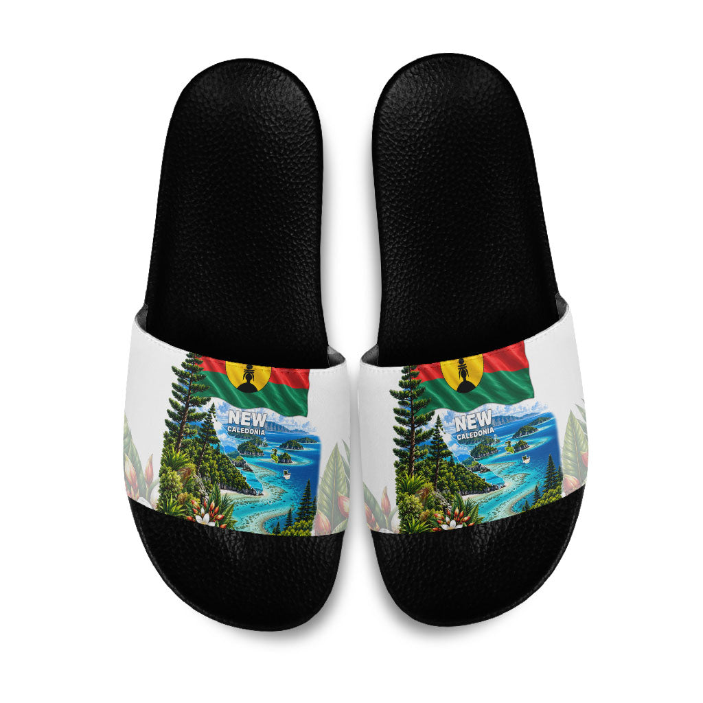 New Caledonia Kanak Flag Landscape Slide Sandals Tropical Island Nature Floral TS04 White Green - Polynesian Pride