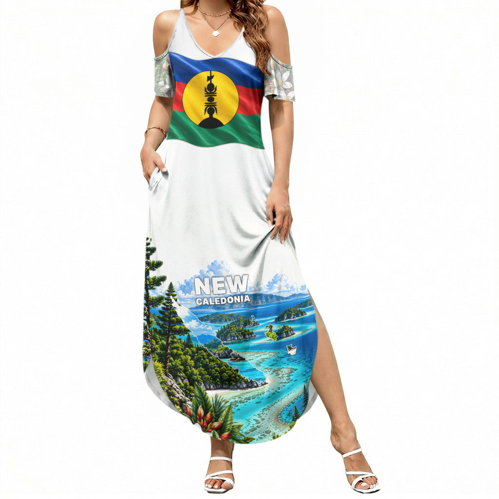 New Caledonia Kanak Flag Landscape Summer Maxi Dress Tropical Island Nature Floral TS04 Women White Green - Polynesian Pride