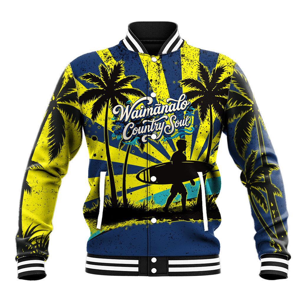 Waimanalo Oahu Hawaii Surfing Baseball Jacket Tropical Beach Retro Sunburst Surfboard