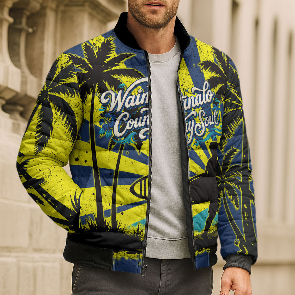 Waimanalo Oahu Hawaii Surfing Bomber Puffer Jacket Tropical Beach Retro Sunburst Surfboard