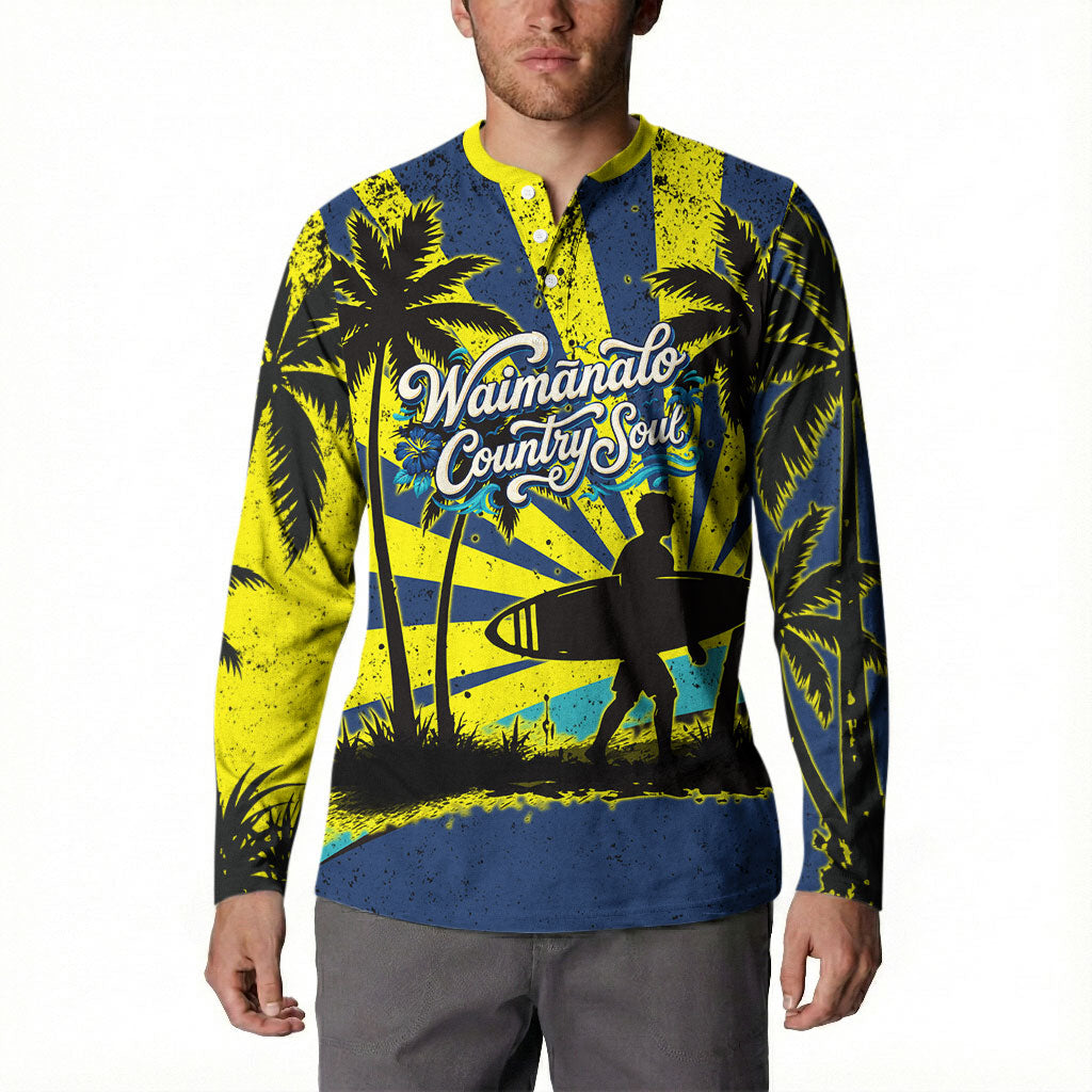 Waimanalo Oahu Hawaii Surfing Button Sweatshirt Tropical Beach Retro Sunburst Surfboard