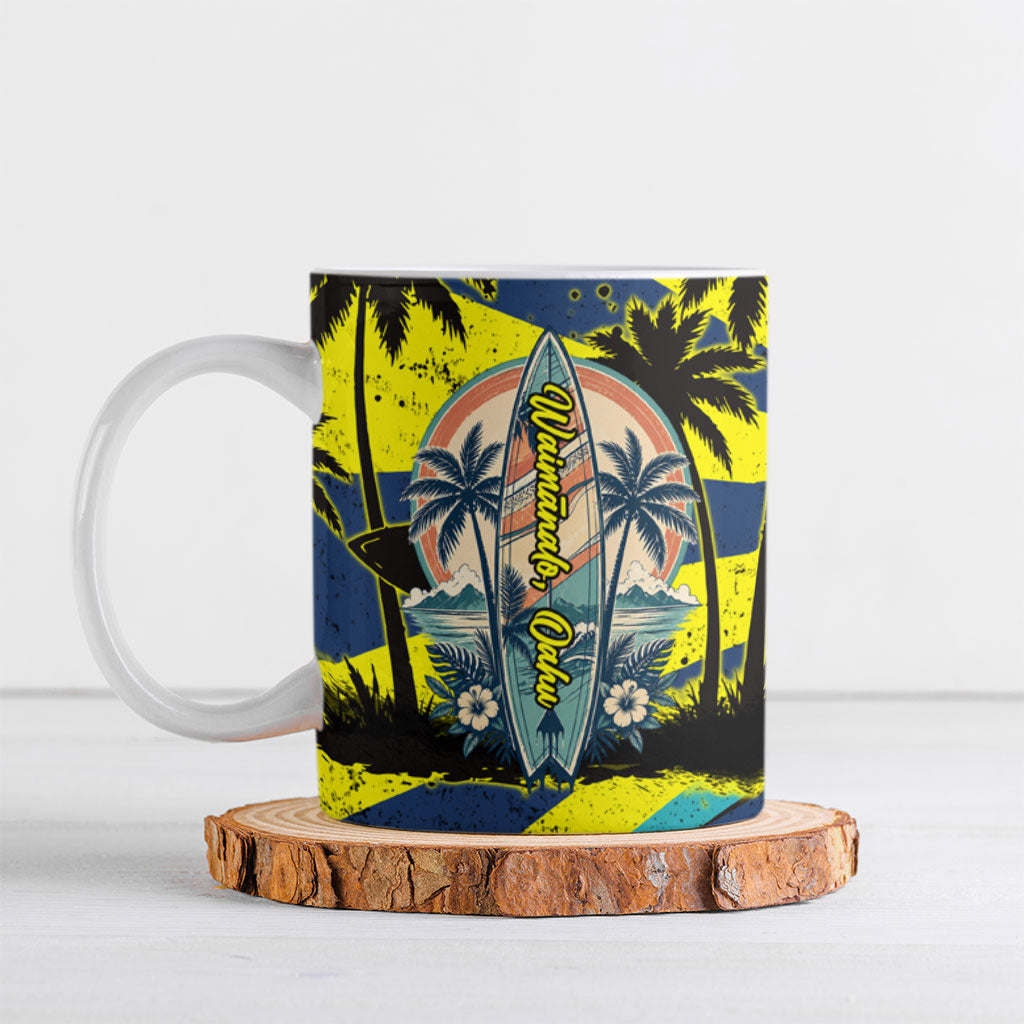 Waimanalo Oahu Hawaii Surfing Ceramic Mug Tropical Beach Retro Sunburst Surfboard