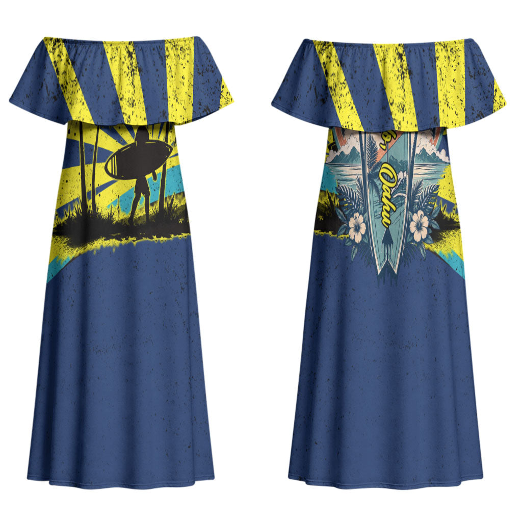 Waimanalo Oahu Hawaii Surfing Couples Matching Off Shoulder Maxi Dress and Long Sleeve Button Shirt Tropical Beach Retro Sunburst Surfboard