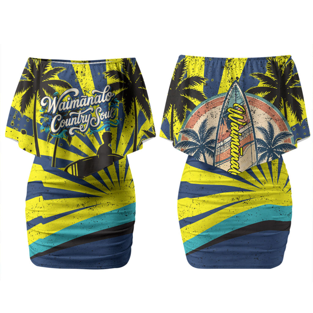 Waimanalo Oahu Hawaii Surfing Couples Matching Off Shoulder Short Dress and Long Sleeve Button Shirt Tropical Beach Retro Sunburst Surfboard