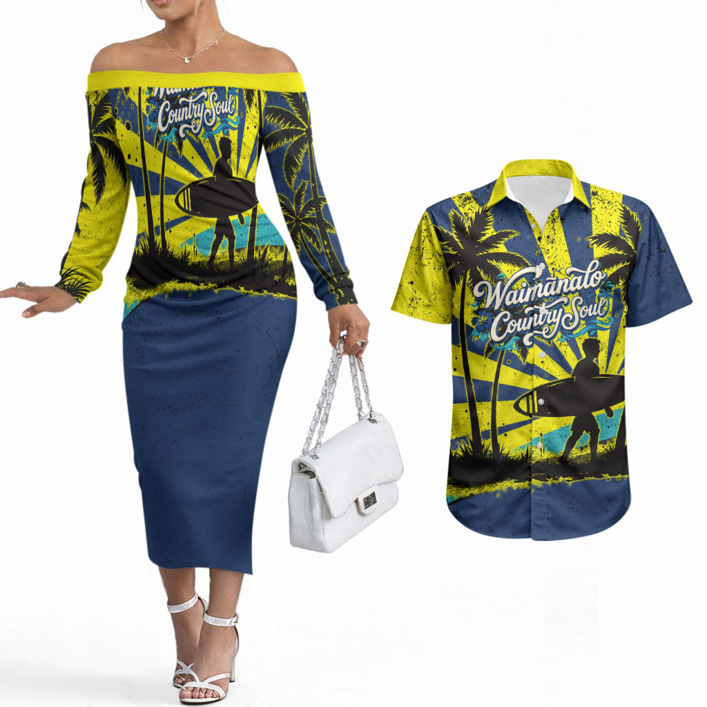 Waimanalo Oahu Hawaii Surfing Couples Matching Off The Shoulder Long Sleeve Dress and Hawaiian Shirt Tropical Beach Retro Sunburst Surfboard