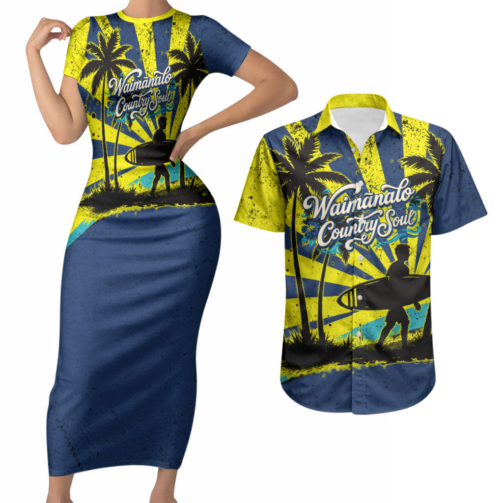 Waimanalo Oahu Hawaii Surfing Couples Matching Short Sleeve Bodycon Dress and Hawaiian Shirt Tropical Beach Retro Sunburst Surfboard
