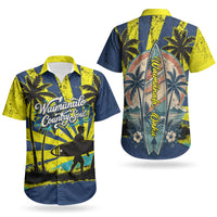 Waimanalo Oahu Hawaii Surfing Couples Matching Short Sleeve Bodycon Dress and Hawaiian Shirt Tropical Beach Retro Sunburst Surfboard
