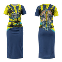 Waimanalo Oahu Hawaii Surfing Couples Matching Short Sleeve Bodycon Dress and Hawaiian Shirt Tropical Beach Retro Sunburst Surfboard