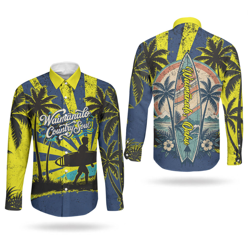 Waimanalo Oahu Hawaii Surfing Couples Matching Short Sleeve Bodycon Dress and Long Sleeve Button Shirt Tropical Beach Retro Sunburst Surfboard