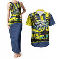 Waimanalo Oahu Hawaii Surfing Couples Matching Tank Maxi Dress and Hawaiian Shirt Tropical Beach Retro Sunburst Surfboard