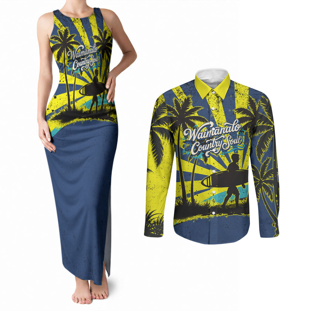 Waimanalo Oahu Hawaii Surfing Couples Matching Tank Maxi Dress and Long Sleeve Button Shirt Tropical Beach Retro Sunburst Surfboard