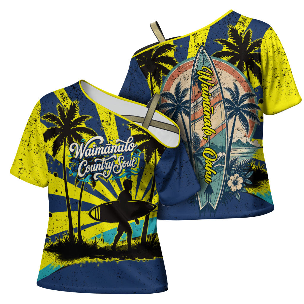 Waimanalo Oahu Hawaii Surfing Cross Shoulder Shirt Tropical Beach Retro Sunburst Surfboard