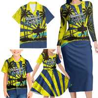 Waimanalo Oahu Hawaii Surfing Family Matching Long Sleeve Bodycon Dress and Hawaiian Shirt Tropical Beach Retro Sunburst Surfboard
