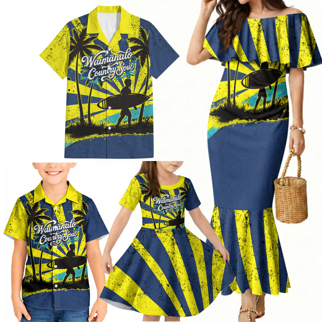 Waimanalo Oahu Hawaii Surfing Family Matching Mermaid Dress and Hawaiian Shirt Tropical Beach Retro Sunburst Surfboard