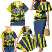 Waimanalo Oahu Hawaii Surfing Family Matching Mermaid Dress and Hawaiian Shirt Tropical Beach Retro Sunburst Surfboard