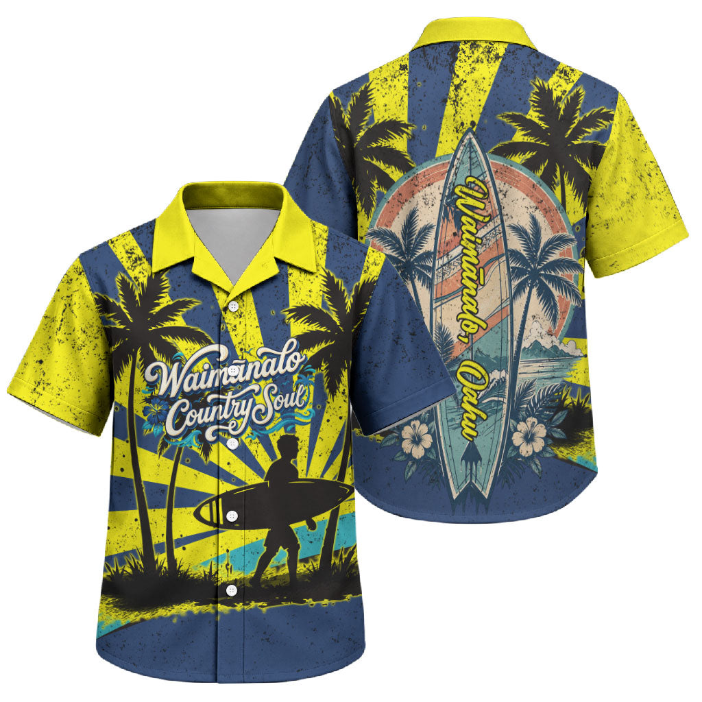 Waimanalo Oahu Hawaii Surfing Family Matching Off Shoulder Maxi Dress and Hawaiian Shirt Tropical Beach Retro Sunburst Surfboard