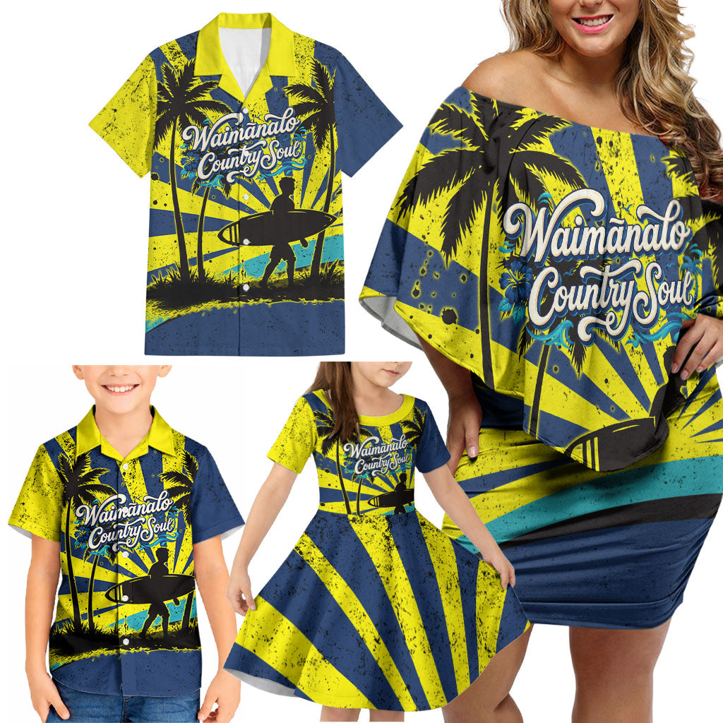 Waimanalo Oahu Hawaii Surfing Family Matching Off Shoulder Short Dress and Hawaiian Shirt Tropical Beach Retro Sunburst Surfboard
