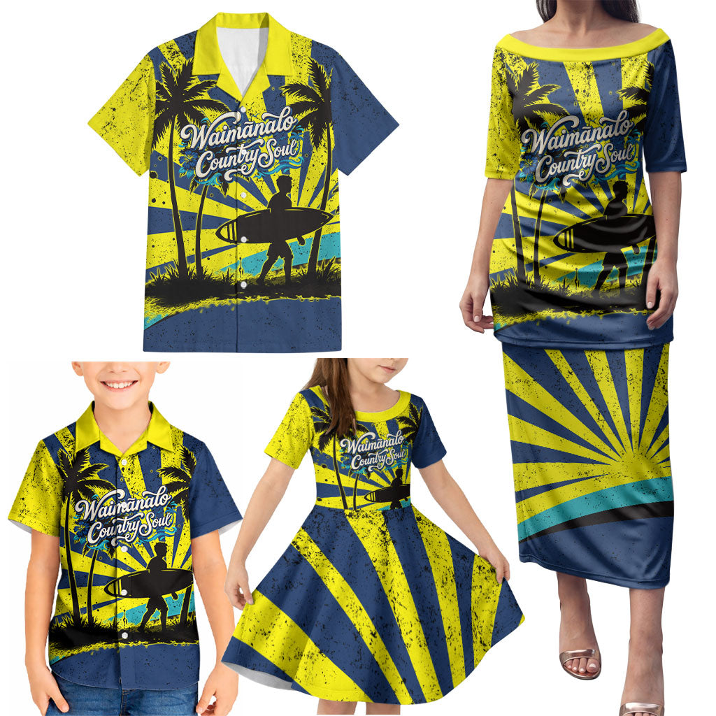 Waimanalo Oahu Hawaii Surfing Family Matching Puletasi and Hawaiian Shirt Tropical Beach Retro Sunburst Surfboard