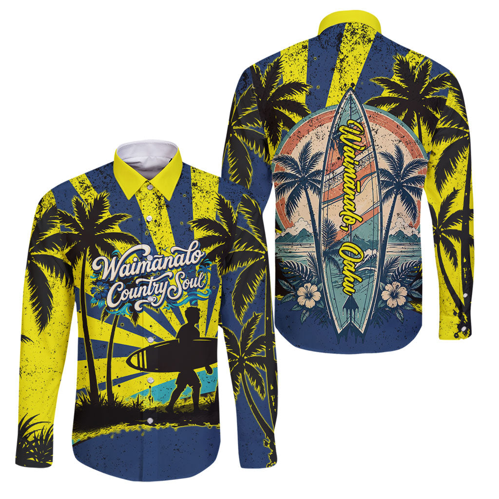 Waimanalo Oahu Hawaii Surfing Family Matching Short Sleeve Bodycon Dress and Hawaiian Shirt Tropical Beach Retro Sunburst Surfboard
