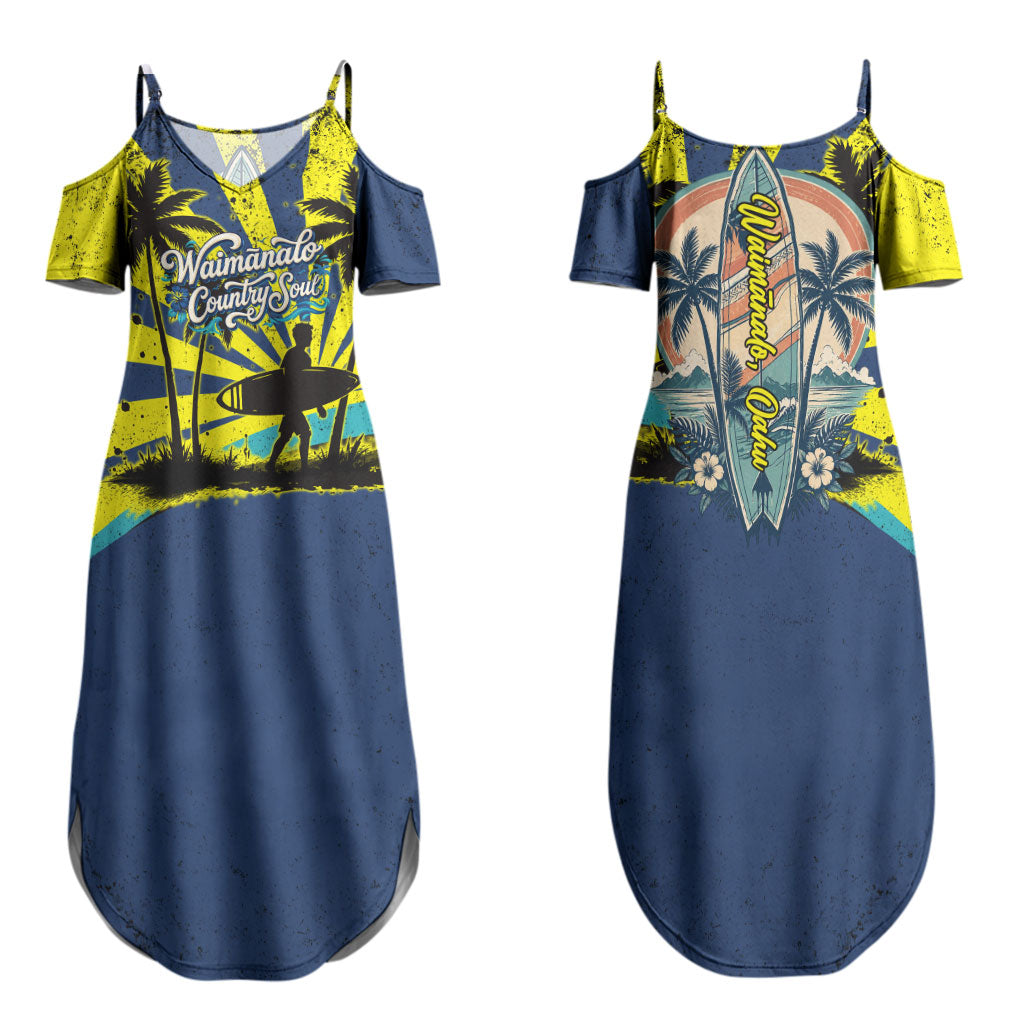 Waimanalo Oahu Hawaii Surfing Family Matching Summer Maxi Dress and Hawaiian Shirt Tropical Beach Retro Sunburst Surfboard