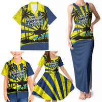 Waimanalo Oahu Hawaii Surfing Family Matching Tank Maxi Dress and Hawaiian Shirt Tropical Beach Retro Sunburst Surfboard