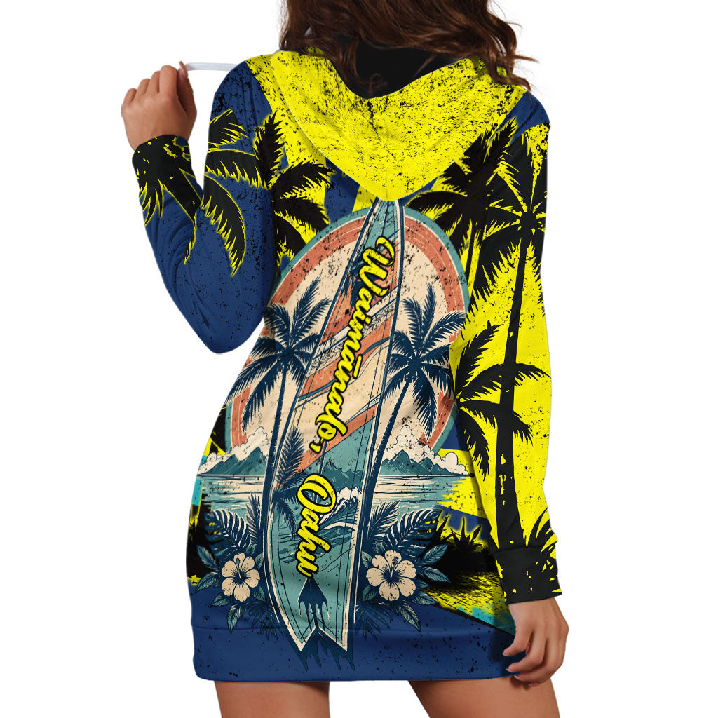 Waimanalo Oahu Hawaii Surfing Hoodie Dress Tropical Beach Retro Sunburst Surfboard