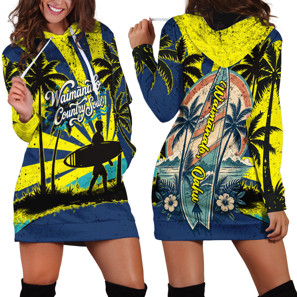 Waimanalo Oahu Hawaii Surfing Hoodie Dress Tropical Beach Retro Sunburst Surfboard