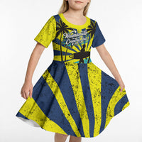 Waimanalo Oahu Hawaii Surfing Kid Short Sleeve Dress Tropical Beach Retro Sunburst Surfboard