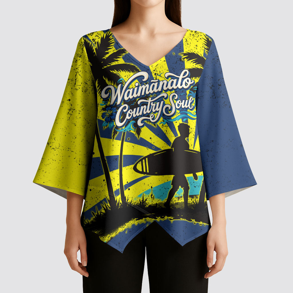 Waimanalo Oahu Hawaii Surfing Kimono Sleeve Blouse Tropical Beach Retro Sunburst Surfboard
