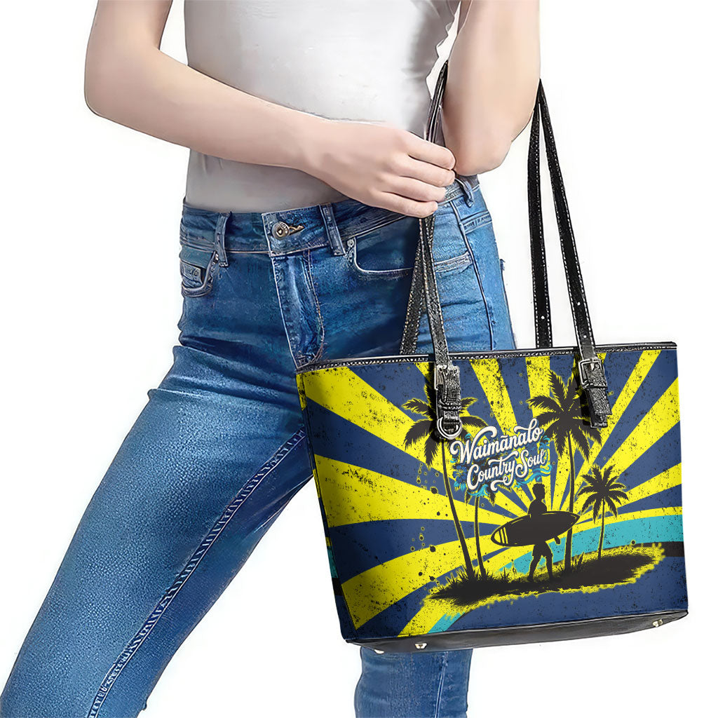 Waimanalo Oahu Hawaii Surfing Leather Tote Bag Tropical Beach Retro Sunburst Surfboard