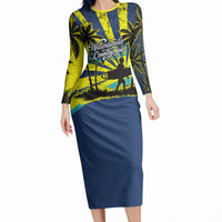 Waimanalo Oahu Hawaii Surfing Long Sleeve Bodycon Dress Tropical Beach Retro Sunburst Surfboard