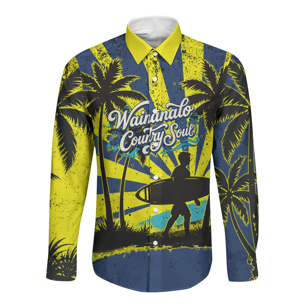 Waimanalo Oahu Hawaii Surfing Long Sleeve Button Shirt Tropical Beach Retro Sunburst Surfboard TS04 Unisex Yellow Blue - Polynesian Pride