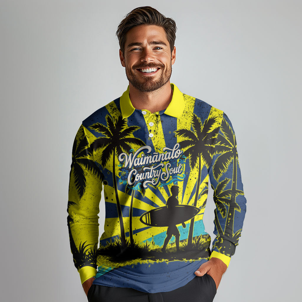 Waimanalo Oahu Hawaii Surfing Long Sleeve Polo Shirt Tropical Beach Retro Sunburst Surfboard