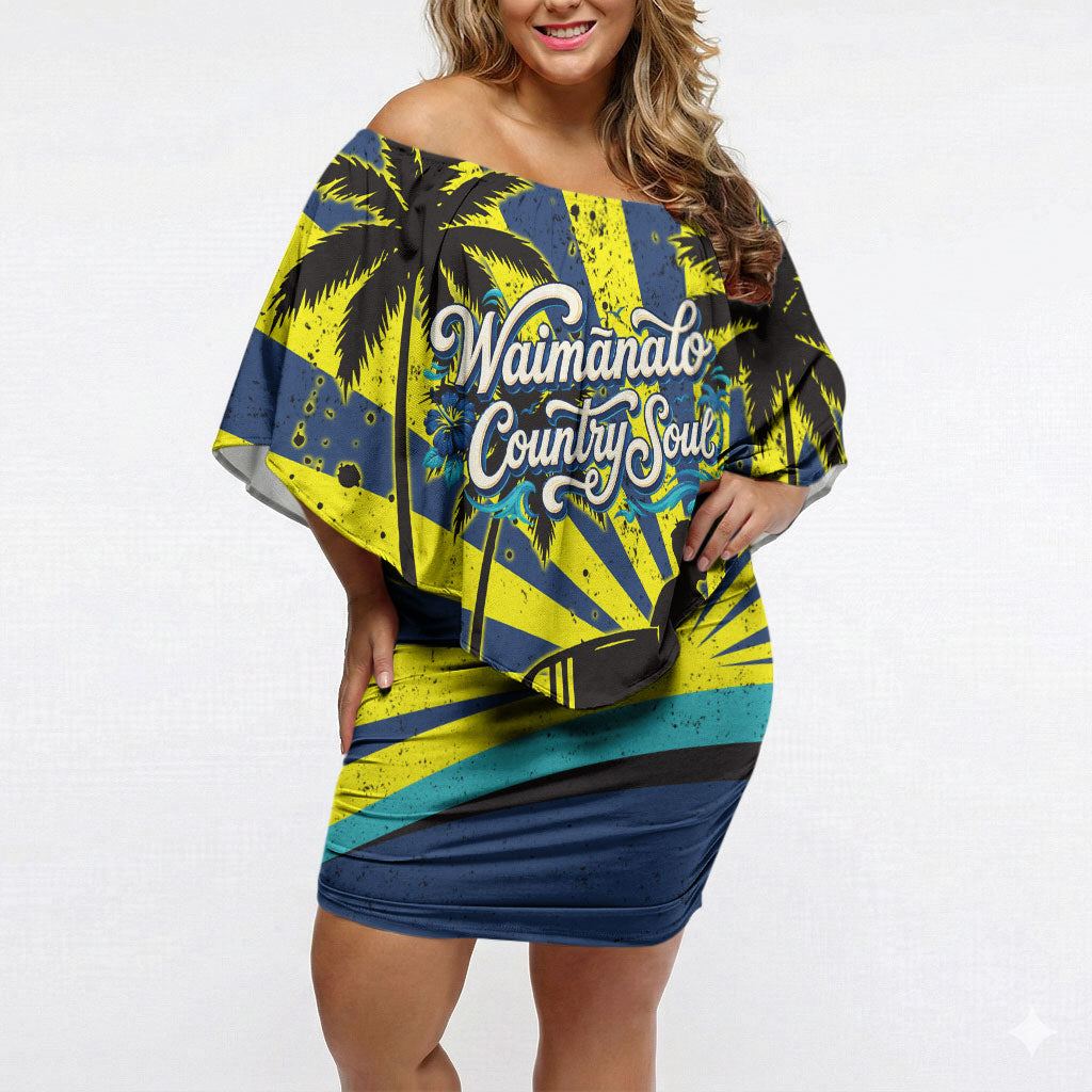 Waimanalo Oahu Hawaii Surfing Off Shoulder Short Dress Tropical Beach Retro Sunburst Surfboard