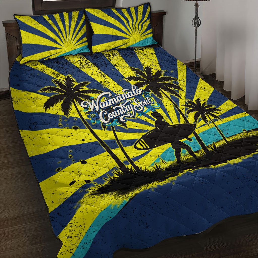 Waimanalo Oahu Hawaii Surfing Quilt Bed Set Tropical Beach Retro Sunburst Surfboard