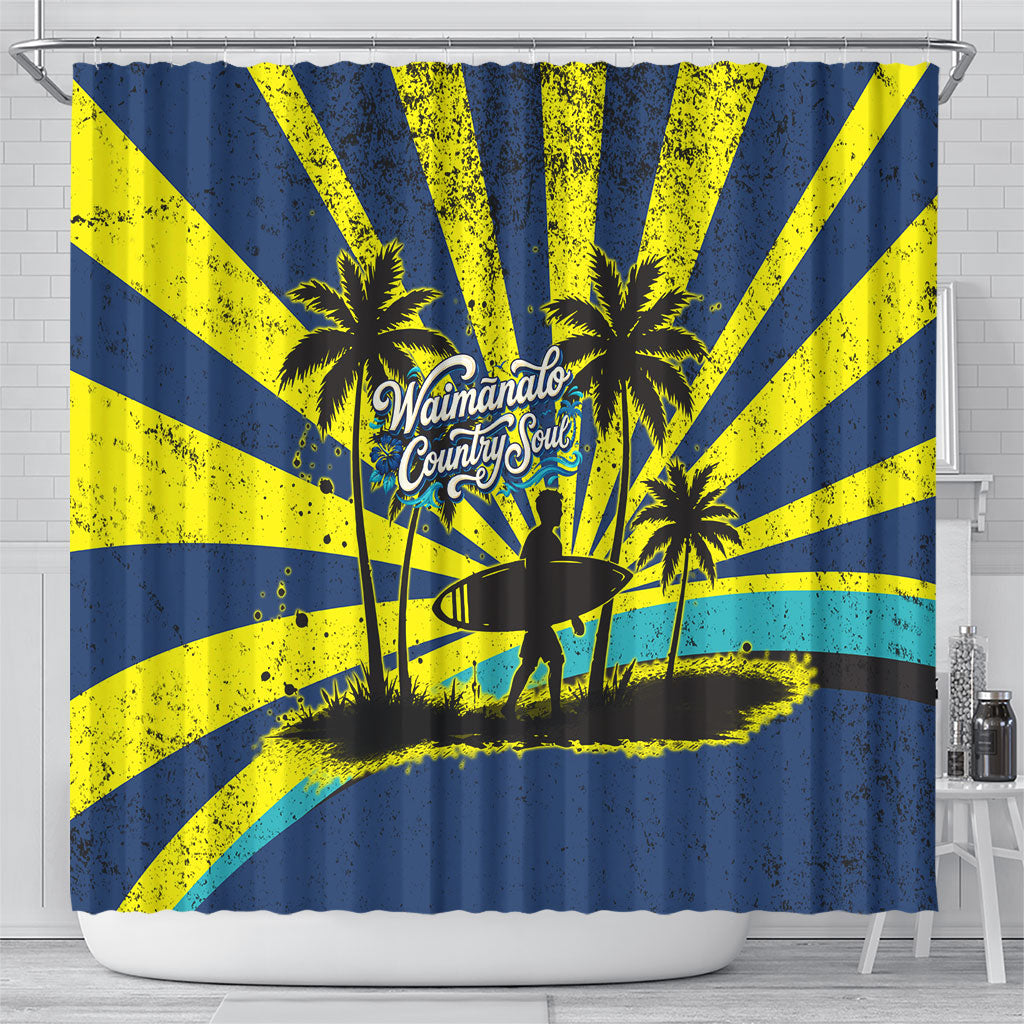 Waimanalo Oahu Hawaii Surfing Shower Curtain Tropical Beach Retro Sunburst Surfboard
