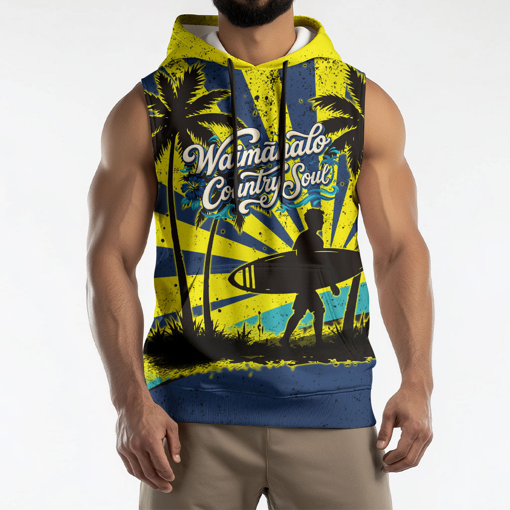 Waimanalo Oahu Hawaii Surfing Sleeveless Hoodie Tropical Beach Retro Sunburst Surfboard