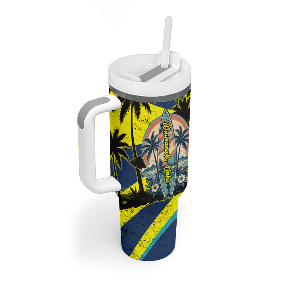 Waimanalo Oahu Hawaii Surfing Tumbler With Handle Tropical Beach Retro Sunburst Surfboard